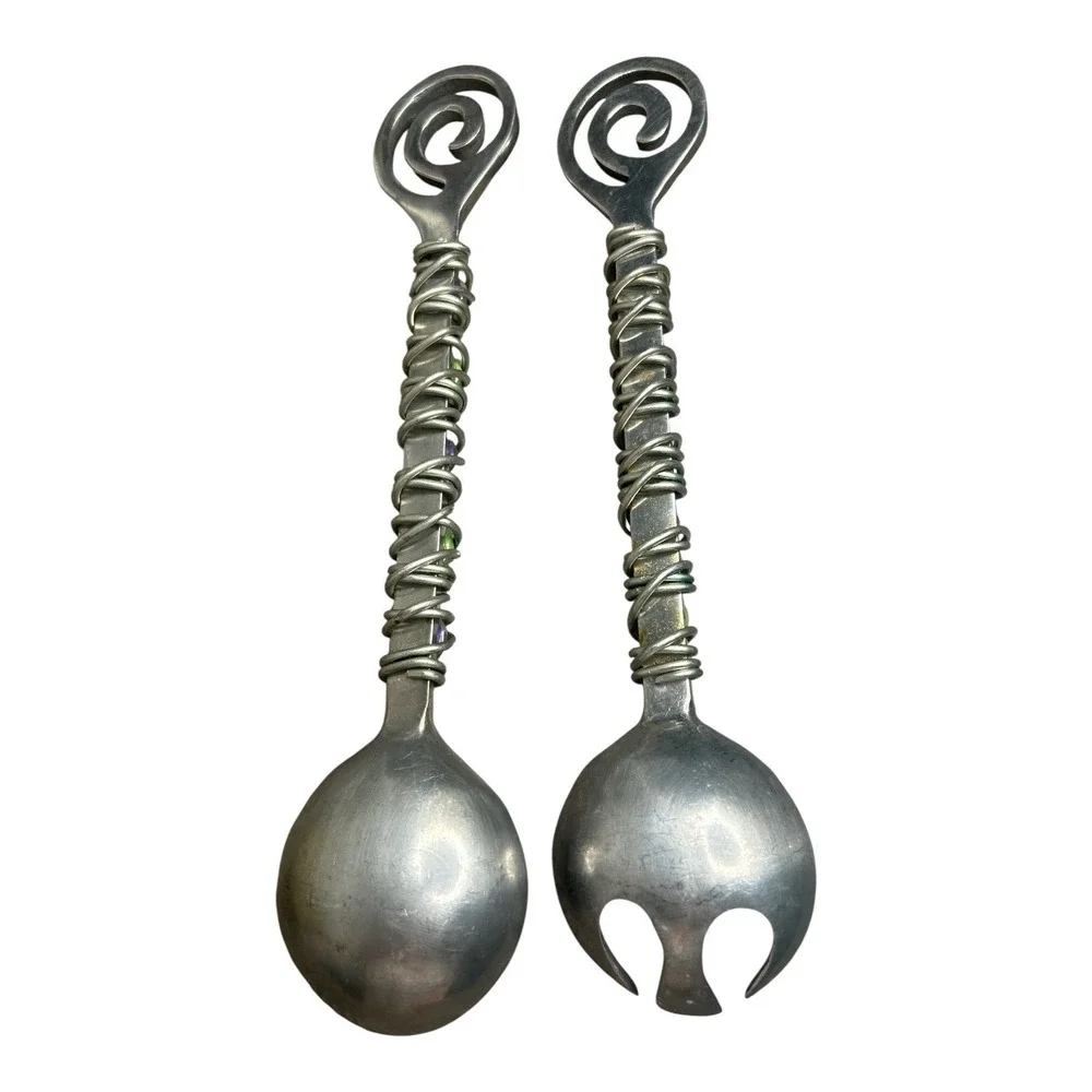 Dary Rees Salad Servers Vintage 1990s Pewter Colorful Stone Handle Set